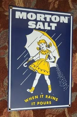 Vtg MORTON SALT Heavy Porcelain Enamel Ande Rooney  WHEN IT RAINS IT POURS  Sign • $40