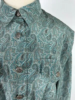 Vintage 90s Pine Green Paisley Print Shirt Dress L Midi Secretary Sage Pleated • $29.99