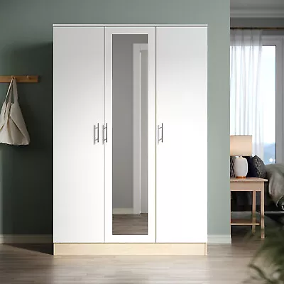 3 Door Triple Mirrored Wardrobe High Gloss White&Oak With Hanging Rail & Shelves • £204.99