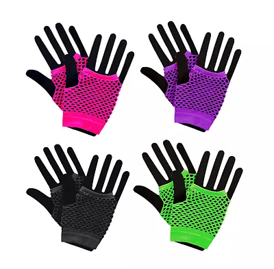 $4.99 • Buy Ladies Fishnet Gloves Short Fingerless Neon Party Dance 70s 80s Womens Glove