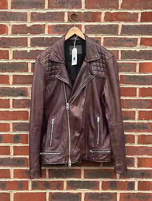 All Saints Mens Oxblood CONROY Leather Biker Jacket Red Brown Bomber XL A365 • $311.13