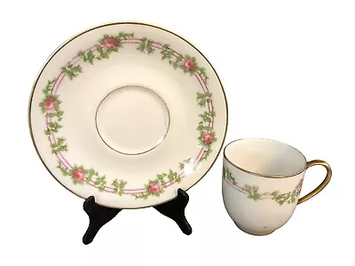 A Lanternier & Cie Limoges Tea Cup & Saucer Floral Pinks Greens Small Gold Trim • $10