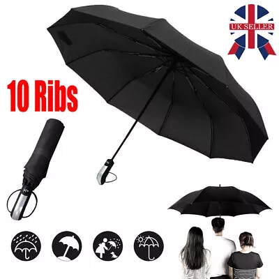 10 Ribs Strong Automatic Umbrella Folding Windproof Stormproof Compact Travel UK • £7.99