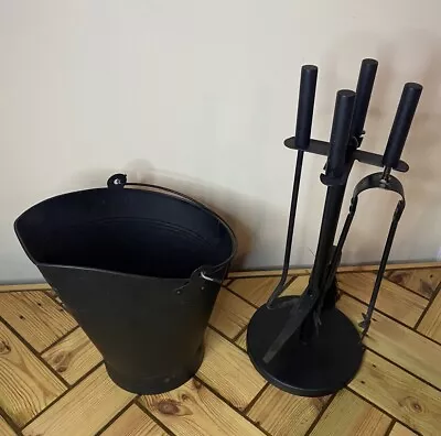 Black Steel Fire Companion Set & Coal Bucket Bundle- Tongs/Shovel/Brush/Poker • £24.99