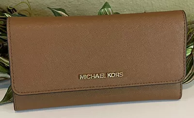 Michael Kors Jet Set Travel Large Trifold Wallet Clutch Mk Brown Luggage Leather • $66.99