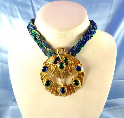 Designer Signed FLORA Massive Peacock BIRD Pendant Blue Green Glass Cabochons • $39.99