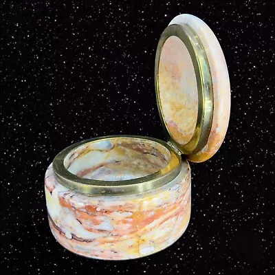 VINTAGE ONYX MARBLE Round Circle JEWELRY TRINKET BOX With Metal Overlays 2.5”T • $28