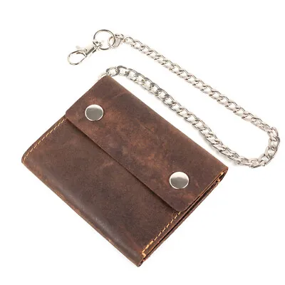 £13.99 • Buy Mens Leather Biker Wallet Trifold Motorcycle Safetychain Genuine Brown Chain New