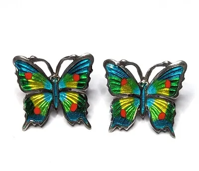 Vintage 980 Silver Enamel Butterfly Earrings Unsigned Daniel Epinosa Jewelry • $26