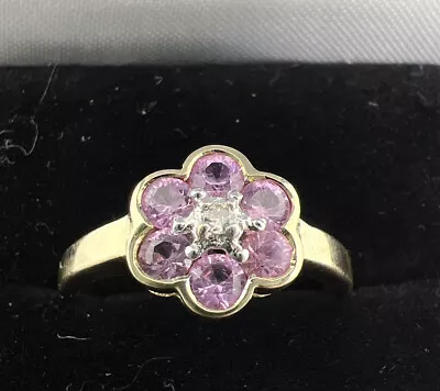 £145 • Buy 9ct Yellow Gold Pink Sapphire & Diamond Cluster Ring. Size: Q. 2.3 Grams.