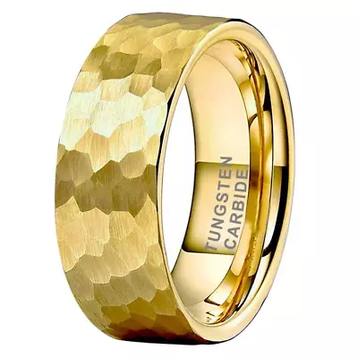 18K Gold Tungsten Carbide Men Wedding Ring Hammer Band Faceted Scratch Resistant • $17.99