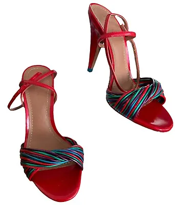 Zara Women 37 (US 6.5) Red W/Multicolor Patent Leather Heeled Strappy Sandals • $37