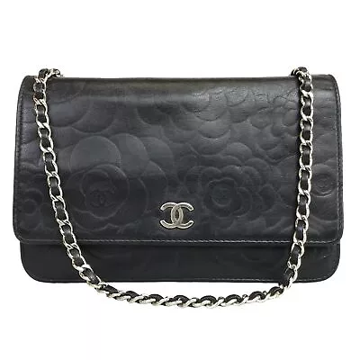 CHANEL Bag Shoulder Bag Chain Shoulder Camellia Black Coco Mark Authentic • £454.12
