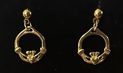 Vtg Gold Tone Signed COP 89 CLADDAGH IRISH Dangle Drop Stud Earrings • $15.64