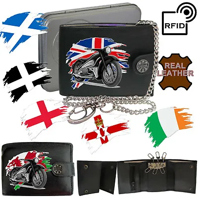 £14.95 • Buy Personalised Motorbike Wallet Real Leather With Flag Men's Gift Tin RFID Chain 