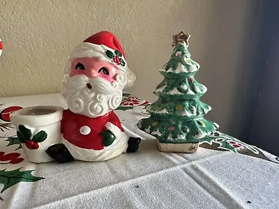 Vtg Set 2 Christmas Ceramic Figurines Santa Christmas Tree Napco MCM Kitsch • $21.99