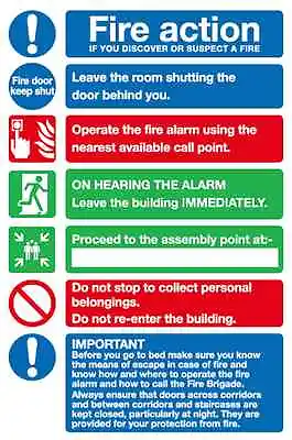 £43.20 • Buy Hotel Or Guest House Fire Action Notice Signs Self Adhesive 137 X 225mm MS238H