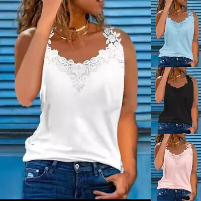 $7.59 • Buy Womens V-Neck Lace Sleeveless Tank Vest Tops Ladies Summer Casual T-Shirt Tee US