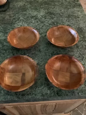 Lot Of 4 Vintage Parquet Woven Bamboo Wooden Salad Bowls Serving Set Patchwork • $15