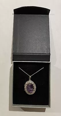 Vintage Great Britain Sterling Silver & Amethyst Locket Pendant Purple 925 Chain • $6