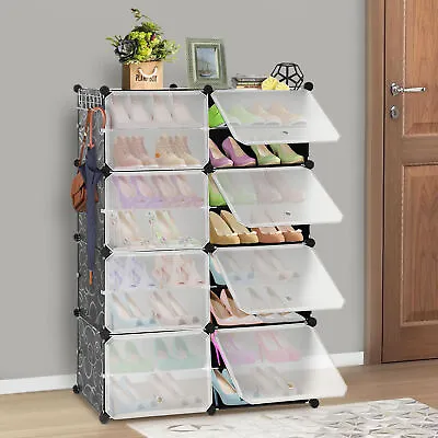 Dustproof Shoe Rack 2x8 Tier Clear Shoes Storage Cabinet Shelf Unit Door Hallway • £24.99