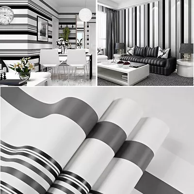 Non-woven Stripe Wallpaper Bold Charcoal Grey Black White Luxury Modern Decor UK • £10.94