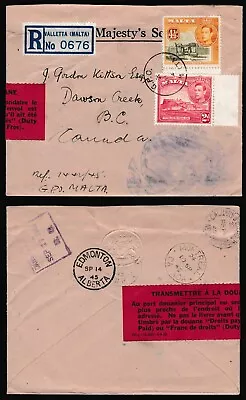 Malta Cover 1945 Registered Customs Label Mixed KGVI Dawson Creek Canada Z1758 • $9.99