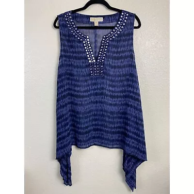 Michael Kors Sheer Sleeveless Top Womens Size XL Blue Studded Asymmetrical Boho • $25