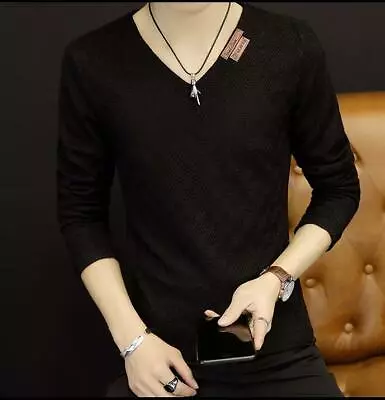 $19.79 • Buy Men Fashion T-Shirt Long Sleeve Slim Korean Trend V-neck Knit Shirt Sweater Tops