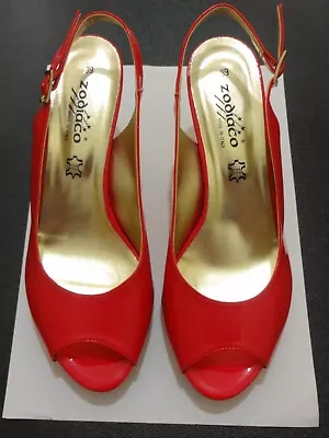 ZODIACO Vera Pelle LADIES NEW RED/GOLD SLINGBACK SHOES WITH PEEK TOES UK 5 1/2 • £22