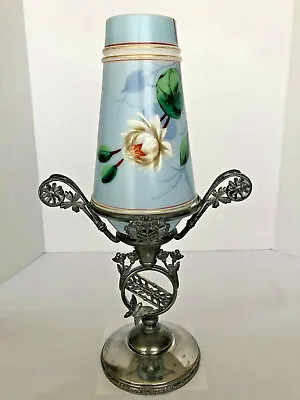 Victorian VASE In SILVERPLATE HOLDER With FLOWER AND BUTTERFLY DECORATIONS  • $385