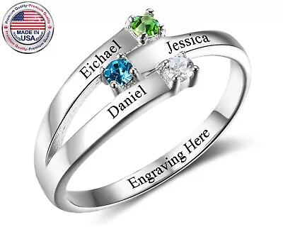 Mothers Ring Birthstone Sterling Silver Engraved 3 Stones Personalized Family • $49.90