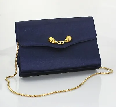 *VINTAGE Waldy Clutch Handbag Bag Navy Blue With Gold-tone Strap*(B56) • £41.75