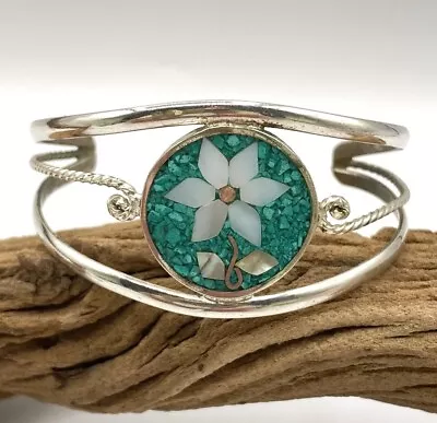 Bracelet Signed ALPACA MEXICO Silver Abalone Green Floral Flower Cuff Vintage • $12.99