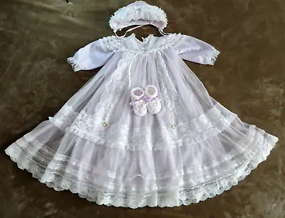 Beautiful! Vintage Baby Girl Sheer Lavender Lace Long Baptism Dress NB • $49.95