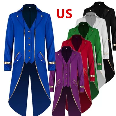 US Men Velvet Victorian Steampunk Tailcoat Ringmaster Circus Show Blazer Jacket • $25.70