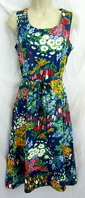 Vtg 80s R.A. Landou Ltd Blue Sleeveless Floral Garden Party Dress POCKETS 10 • $29.99