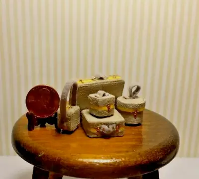 Miniature Dollhouse 5 Pc Luggage 1:24 /Tan Leather-like W/ Gold Tape Trim • $8.99