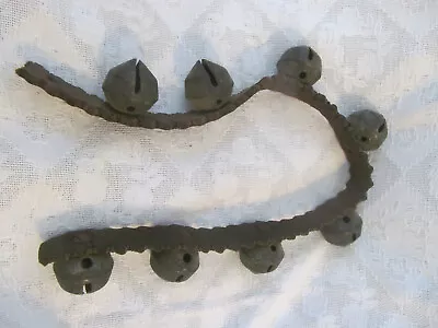 8 Antique Primitive Brass Jingle Sleigh Bells On Leather Strap Piece • $49.99