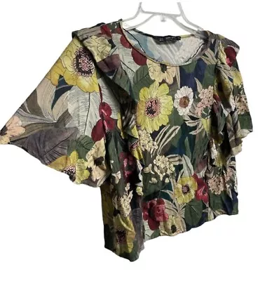 Zara Boxy Cropped Floral Ruffle Top Flutter Sleeve • $11.88