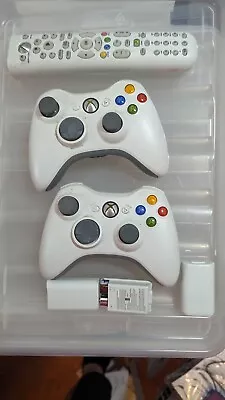 2 Microsoft Xbox 360 White Wireless Controllers + Live Universal Media Remote • $32.99