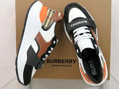 Burberry Ramsey Beige Check Brown Black Suede White Logo Strap Sneakers 42 Us 9 • $395