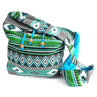 Sling Bag Jacquard Bag - Teal Green Woven Lined Aztec Bead Tasselled 20x22 (cm) • £9.99