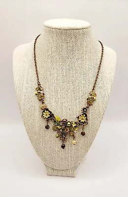 Copper Tone Necklace With Green & Brown Tone Flowers Butterflies • $3.99