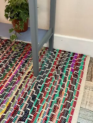 Rainbow Rag Rug Geometric Multi Colour Rugs Reversible Carpet Recycled Fabric • £17