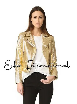 Women Metallic Gold Motorcycle Jacket Women Real Leather Biker Jacket • $117.20