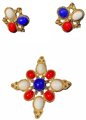 Vintage Sarah Coventry Red White Blue Cabochon Maltese Cross Brooch & Earrings • $45