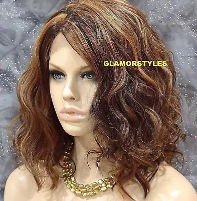 Lace Front Full Wig Bob Wavy Layered Side Part Auburn Brown Mix Heat Ok Nwt • $79.95