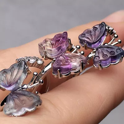 Adjustable Natural Fluorite Butterfly Ring Quartz Crystal Jewelry Heal Reiki New • $3.59