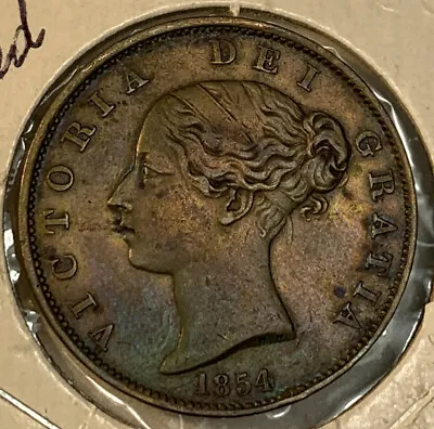 $49.99 • Buy Great Britain 1854 One 1 Penny Toned AU Condition Coin KM# 726 Queen Victoria